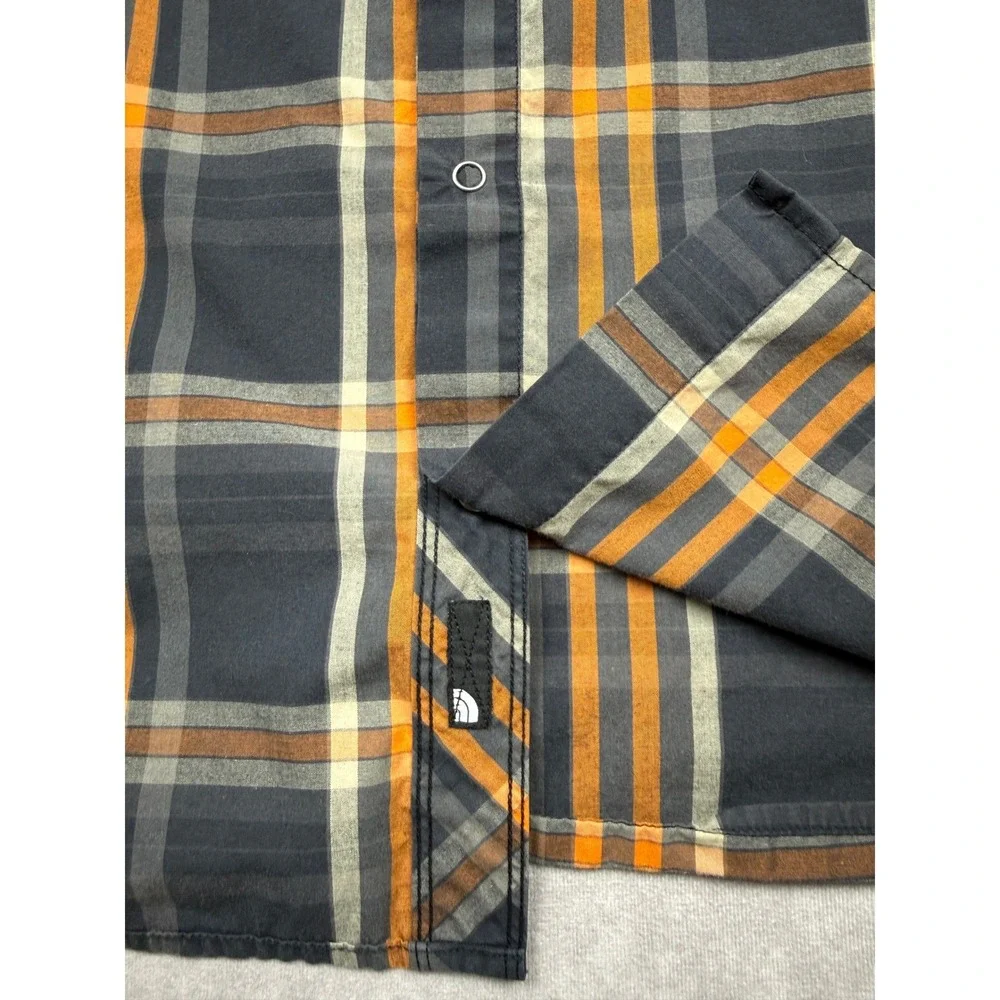 The North Face Mens M Plaid Western Snap Short Sleeve Shirt Black Gray Orange